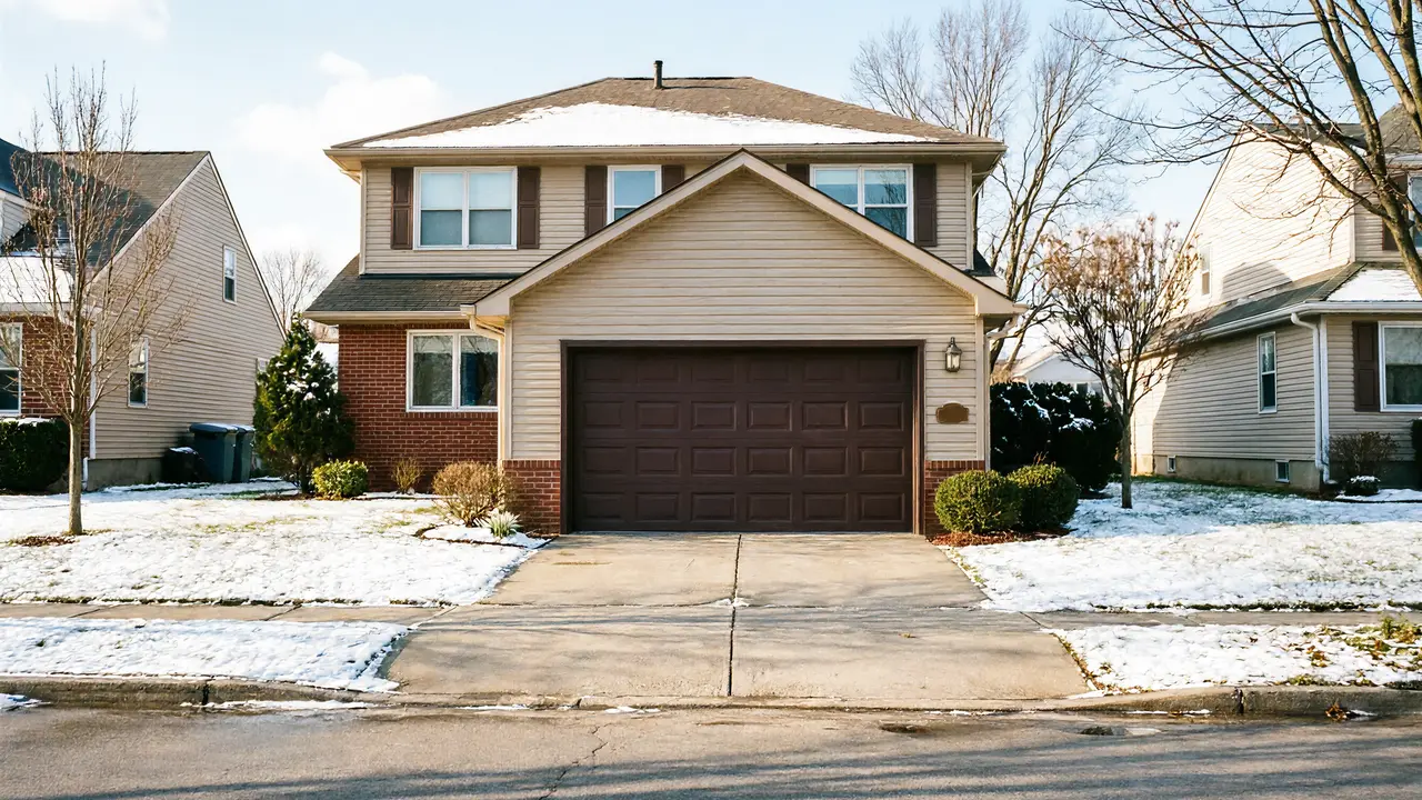 A two-story house with a brown garage door and a snow-covered lawn.