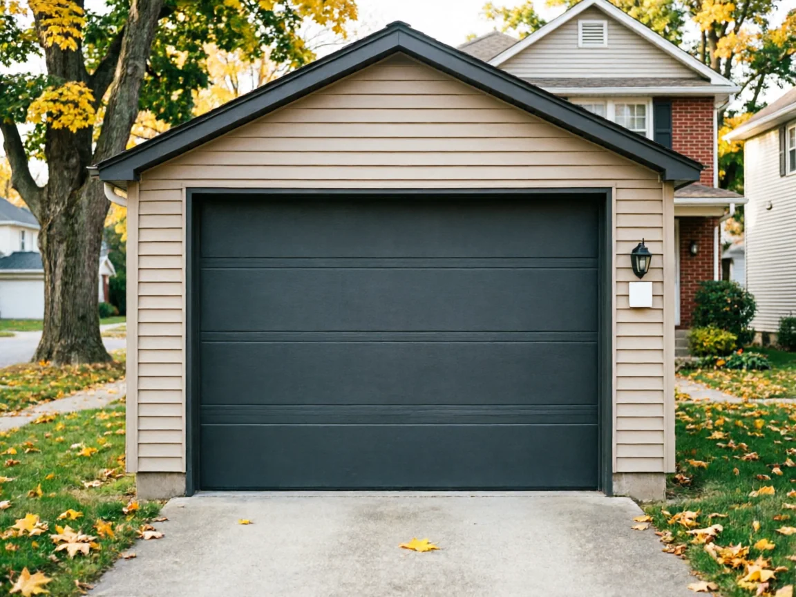 A dark gray garage door is on a tan garage with autumn leaves on the ground.