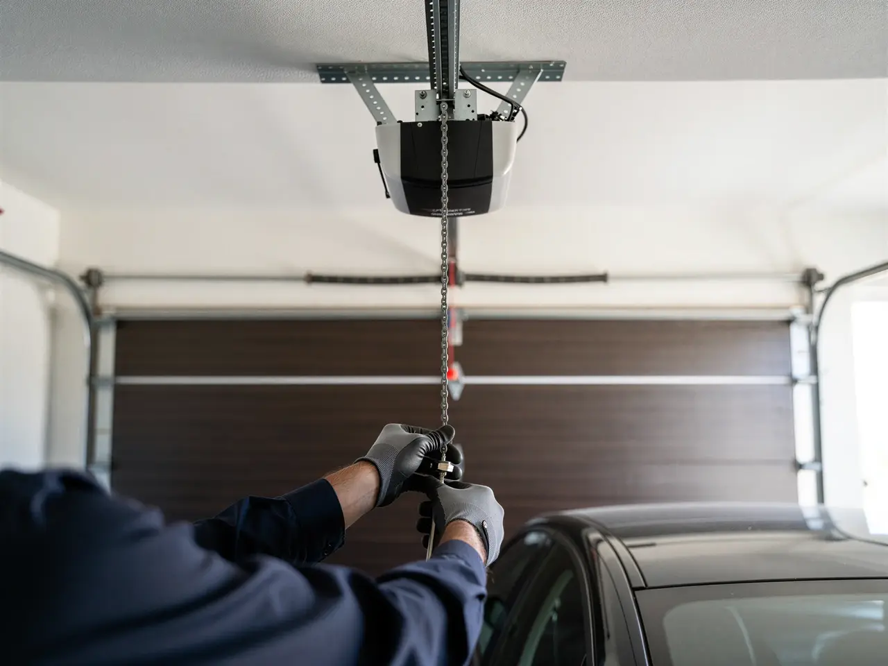 A technician in gloves pulls the emergency release chain on a garage door opener.